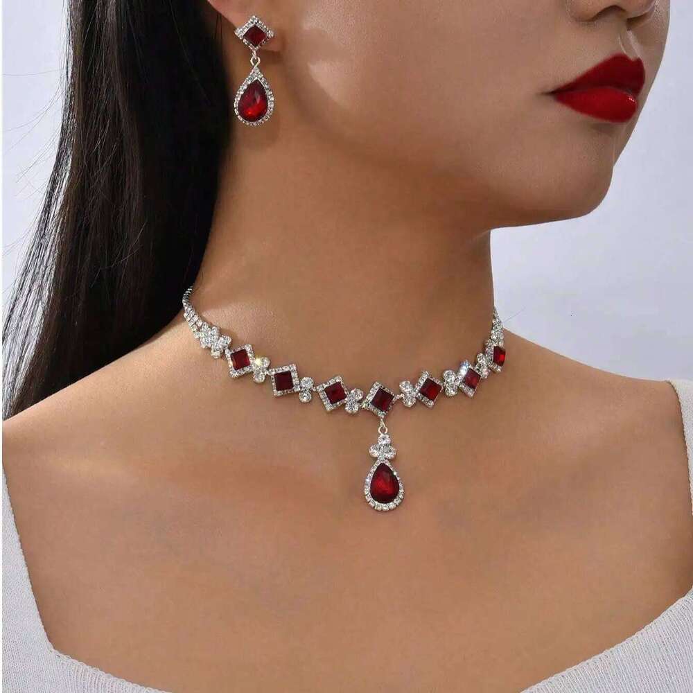Red Crystal Choker Necklace Earrings Set Teardrop Pendant Silver-Plated Jewelry for Wedding Evening Party Prom Bridal Gift Z260313