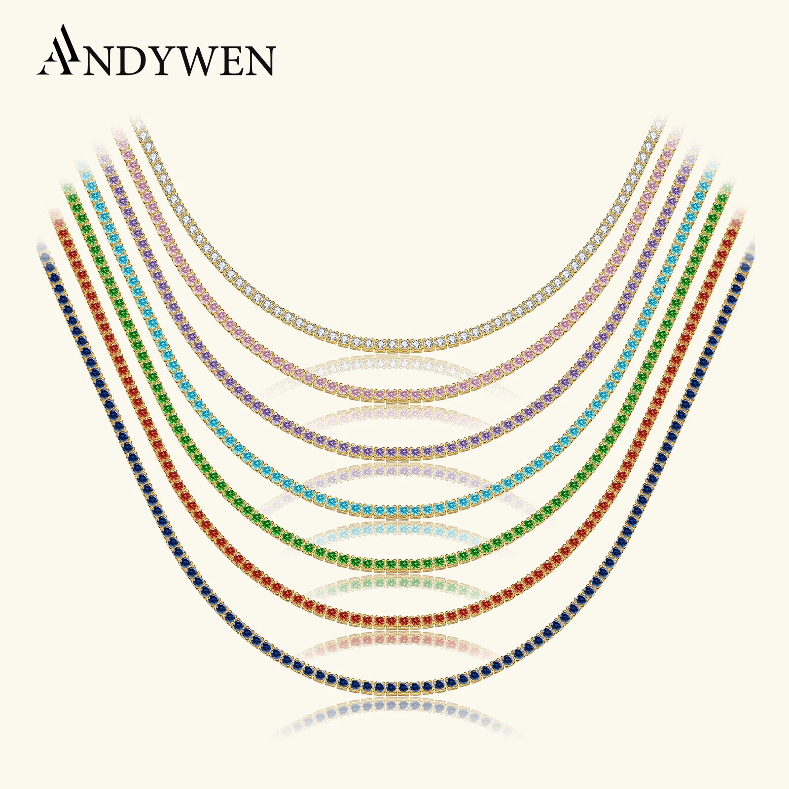 ANDYWEN 925 Sterling Silver 15mm Tennis Zircon Charm Long Chain Necklace Rock Punk Fashion Fine Jewelry Gift Wedding Party 260312