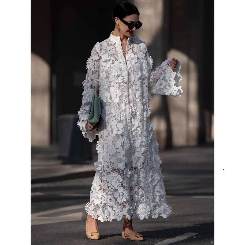 Sexy Women Hollow Out Loose Shirt Elegant Y K D Floral Long Sleeve Single Breasted Embroidery Vacation A Line Dress MAKOUFEI