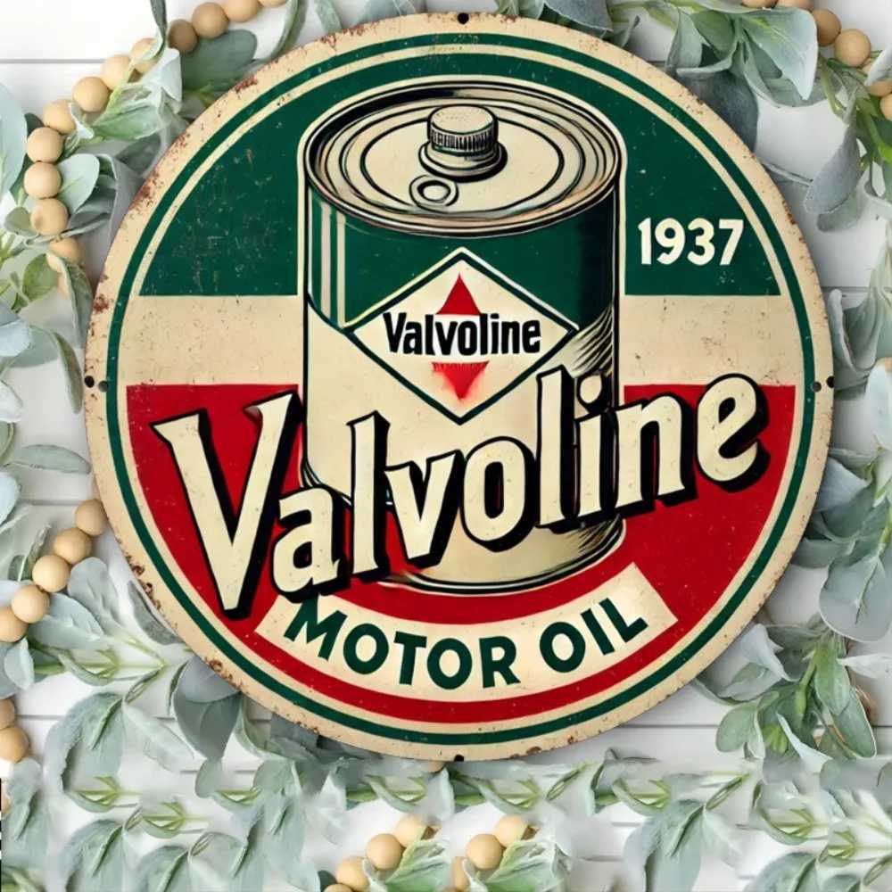 2D Flat Vintage Valvoline Motor Oil Est 1937 Retro Oil Can Retro Round Metal Tin Sign - Automotive Garage Themed Wall Decor D260314