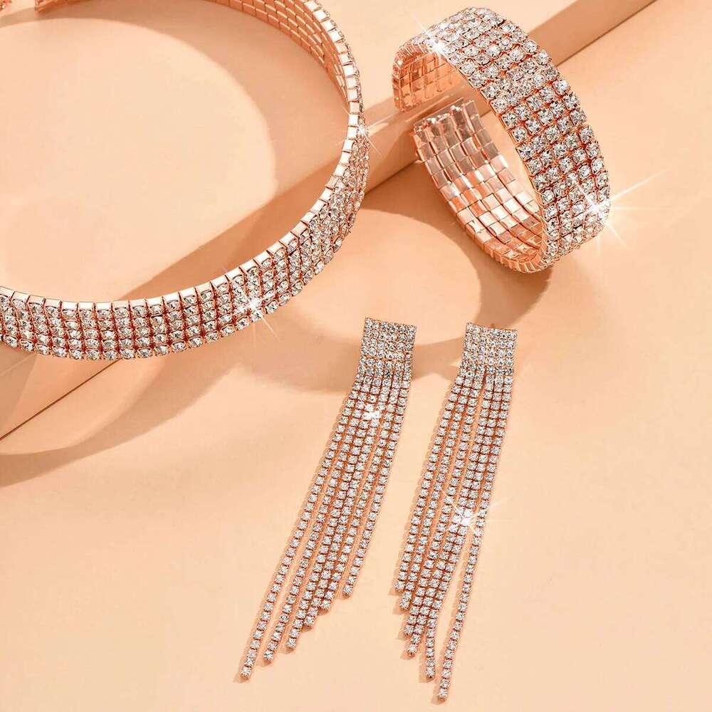 4pcs Fashion Women's Jewelry Tassel Rhinestone Earrings Necklace Bracelet Set Bridal Wedding Accessories Z260313