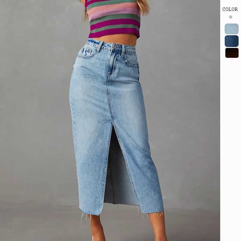 2026 Denim Long Skirt Women Vintage Split Skirts High Waist Washed Distressed Button Pockets Summer Y2k Streetwear A Line Punk M260314