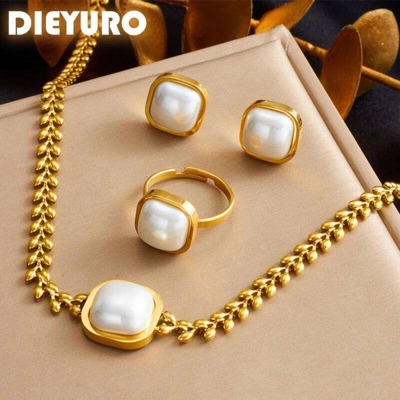 DIEYURO 316L Stainless Steel Square Large Pearl Necklace Earrings Ring For Women Girl New Party Gift Fashion Jewelry Set Bijoux Z260313
