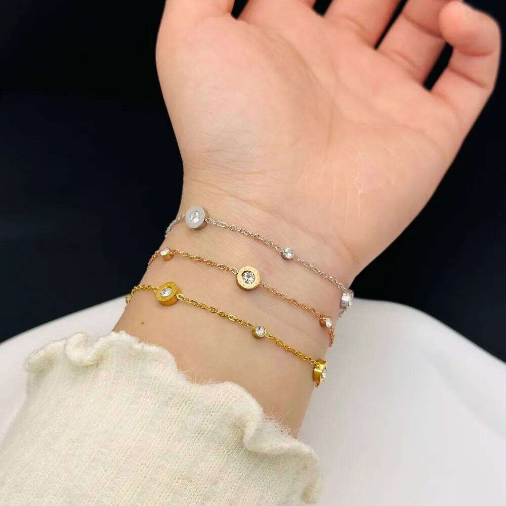 Trendy Exquisite Gold Color Stainless Steel Round Roman Double Zircon Adjustable Bracelet for Women Friends Charm Jewelry Gifts Z260313