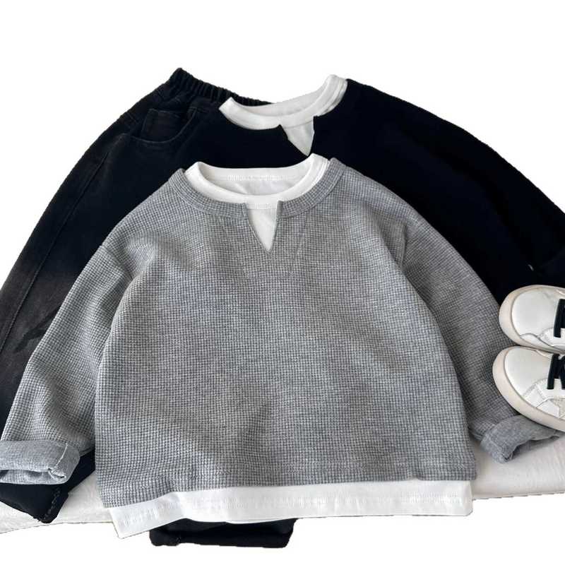 Clothing Sets Children's Sweatshirt Spring and Autumn New Korean Style Boys' Autumn Waffle Fake Two-Piece Sweatshirt Baby Versatile Top