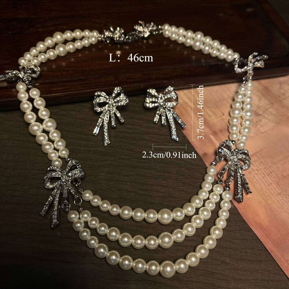 3pcs Elegant Vintage Jewelry Set for Women Bow Pearl Necklace Shiny Crystal Choker Bridal Wedding Earrings Party Z260313