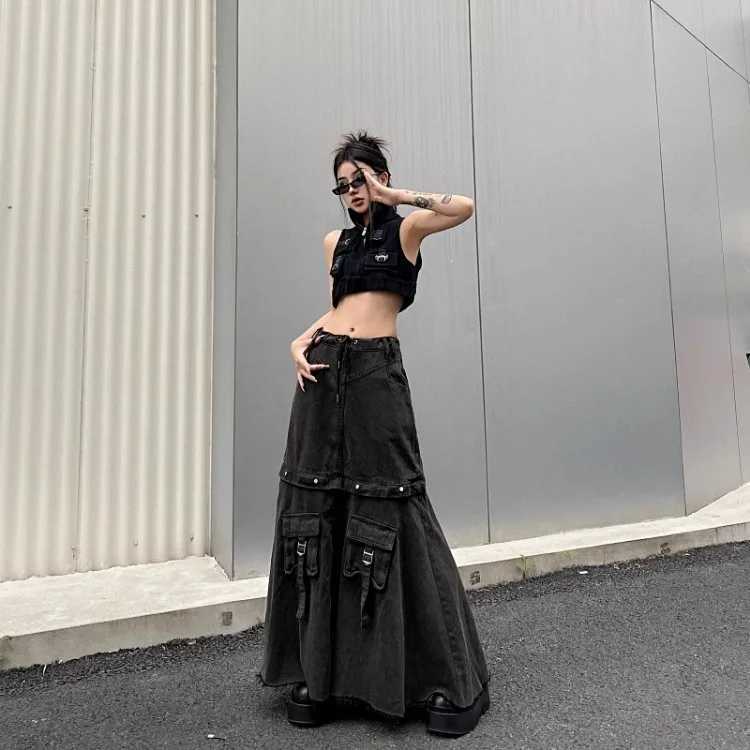 American Style High Waist Skirt for Women 2026 Autumn Heavy Vintage Denim Skirts Y2k Grunge Mid-length Loose Faldas Mujer Jupe M260314