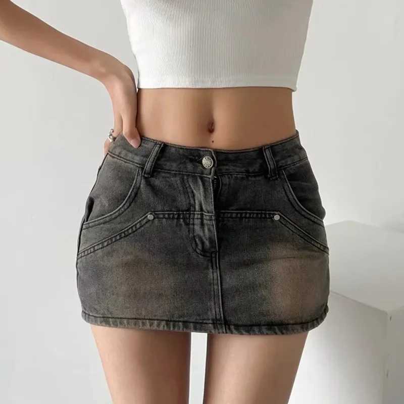 Skirts for Women Sexy Slim Solid Colour Pockets Spliced 2024 Summer Casual Femme High Waist Wrap Hip Mini Short Denim Skirt M260314
