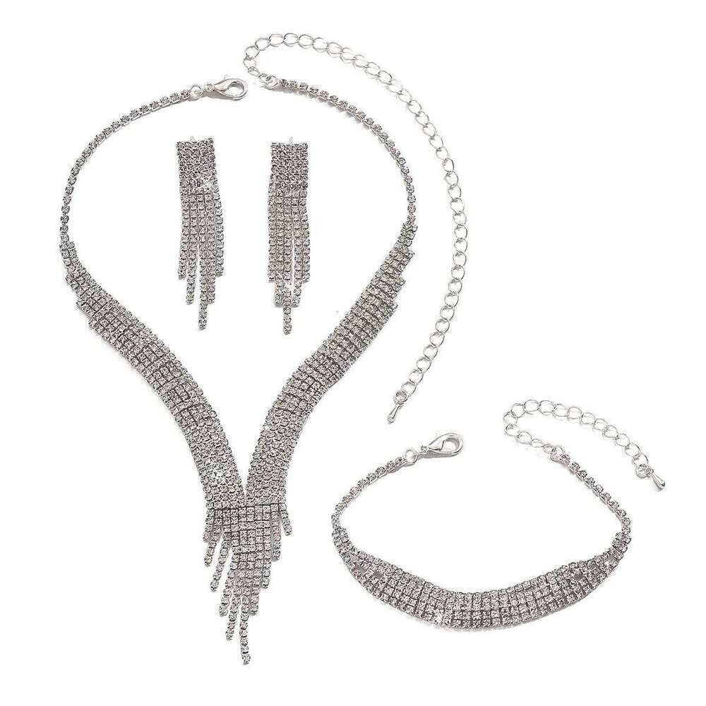 Fashionable tassel sparkling rhinestone necklace earring set, light luxury style high-end jewelry set Z260313