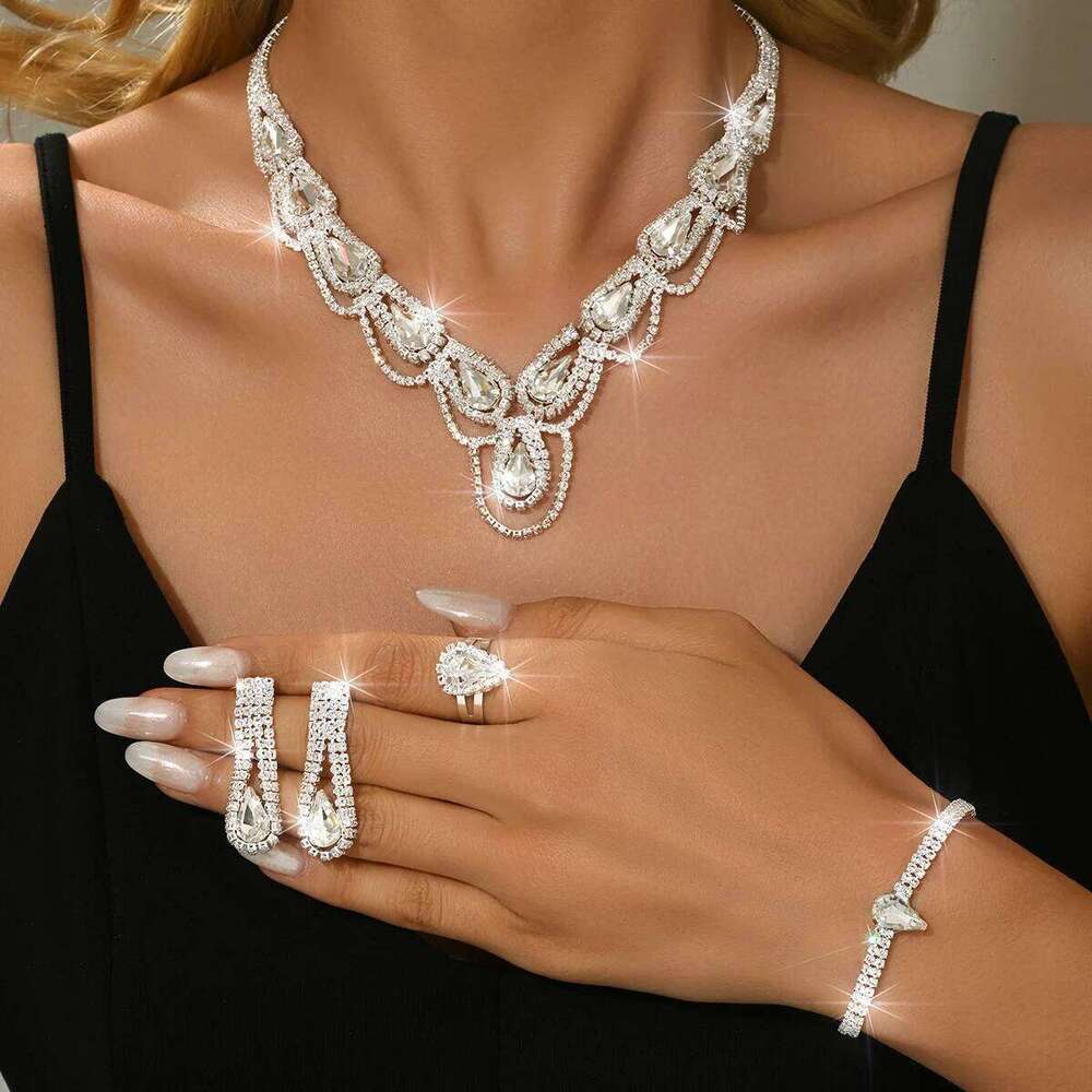 Korean version high-quality chic high-end atmospheric necklace earrings ring bracelet four piece set with accessories Z260313