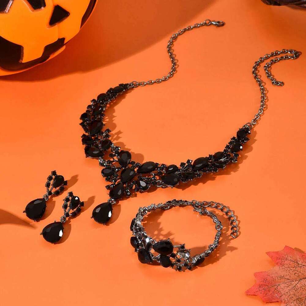 Black Obsidian Gemstone Set Women Necklace Bracelet Earrings Fashion Statement Jewelry for Party Evening Z260313