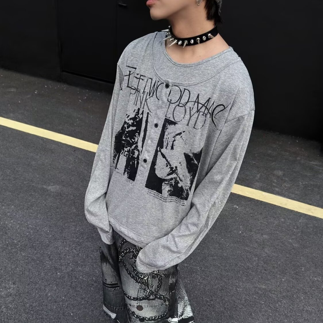 Spring American Retro Distressed Print Long Polo Sleeve For Men And Designer Hoodie Women Loose Street Style Designer T-shirt Base Shirt Couple's Top