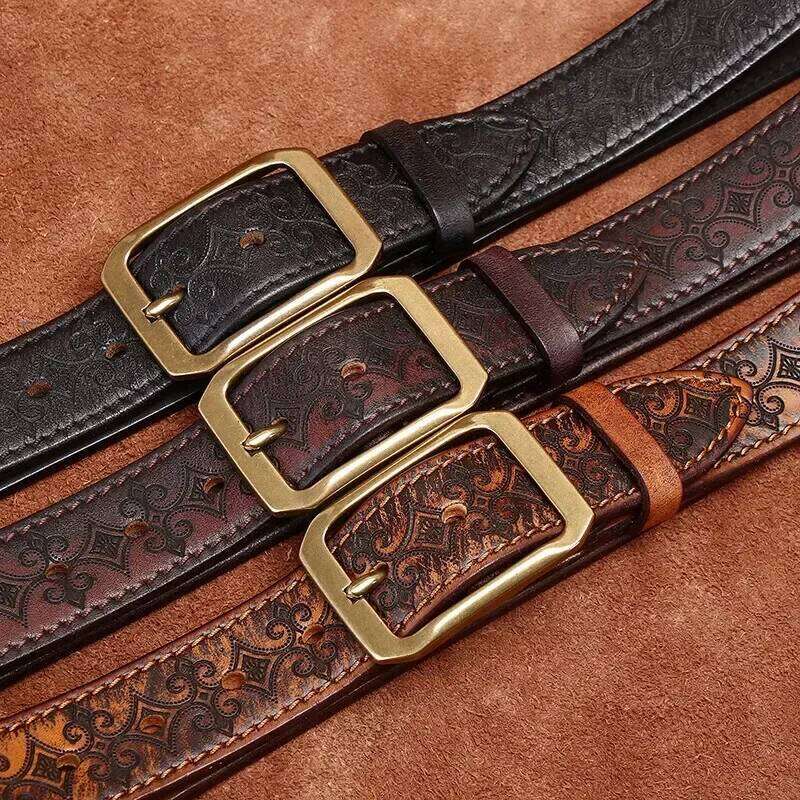 3.8CM Thickened Italian Pure Cowhide High Quality Genuine Leather Belts for Men Carving Strap Male Brass Buckle Jeans Cowboy Z260226