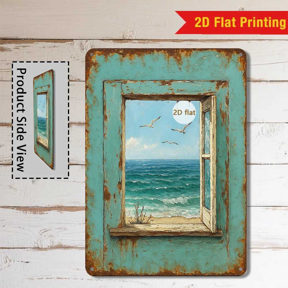 Vintage Coastal Window Metal Wall Art Rustic Seascape Tin Sign for Living Room or Beach House 8x12 Inch Nautical Decor D260314