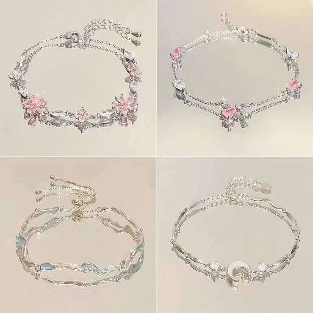 Cute Charm Pink Crystal Flower Bowknot Moon Bracelet for Women Exquisite Fashion Silver Color Zircon Bangle Jewelry Friend Gift Z260313