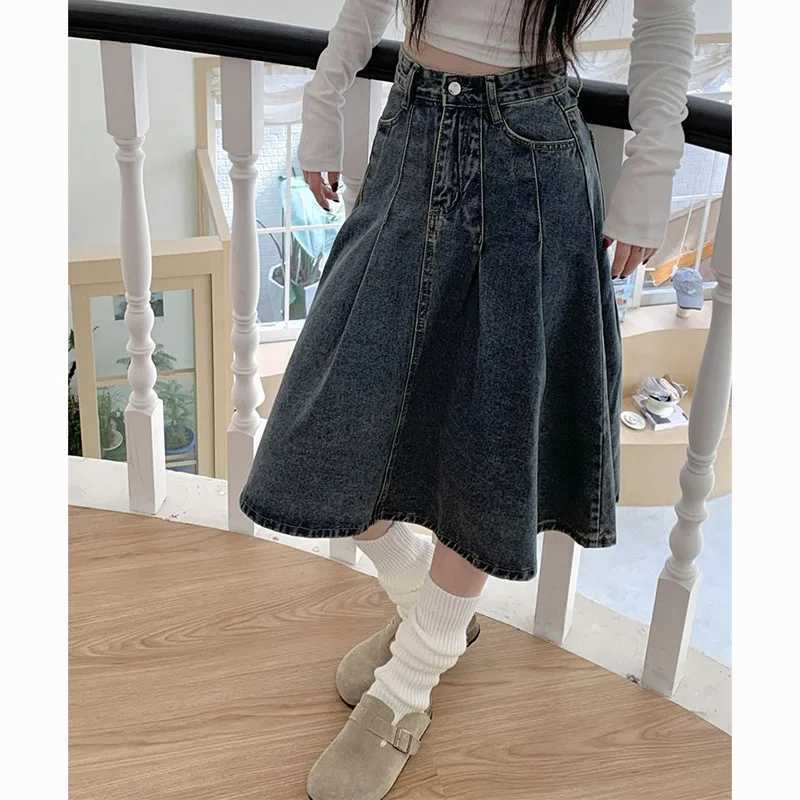 Summer Lady Chic Fashion High Waist Jeans Skirts Women Thin Mid-Long Denim Skirts s Retro Fashion Casual Denim Dress M260314
