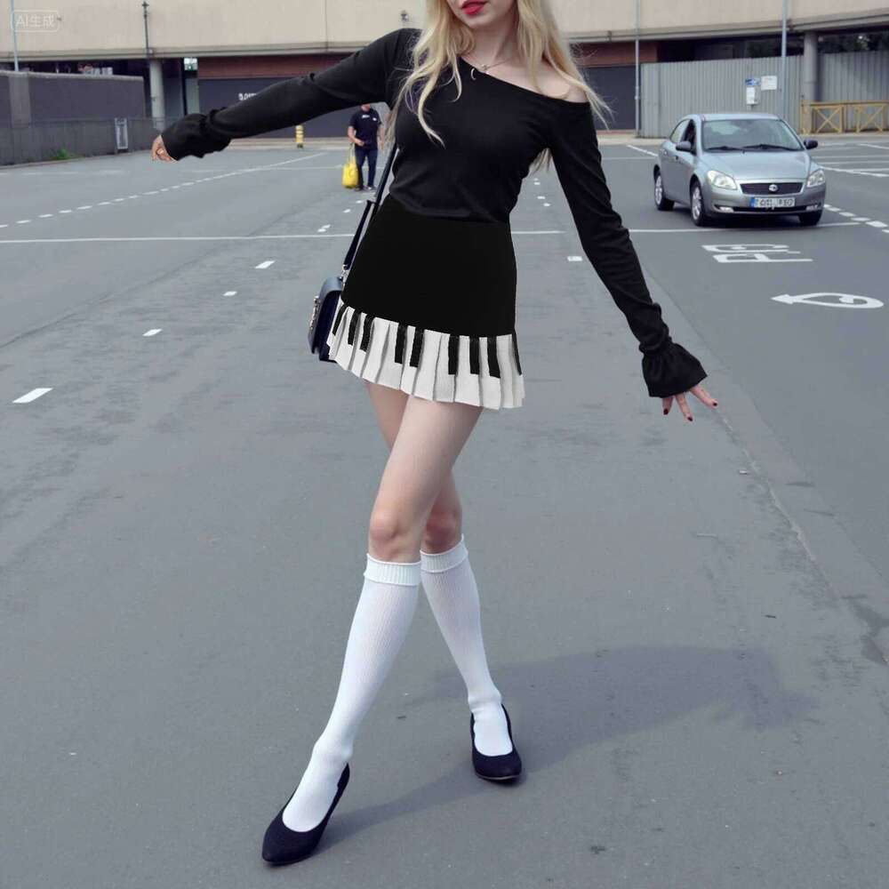 Y2k Autumn Black White Spliced Women Short 2025 Slim Design Harajuku Mini Female Empire Korea Style Chic Piano Skirt Z260314