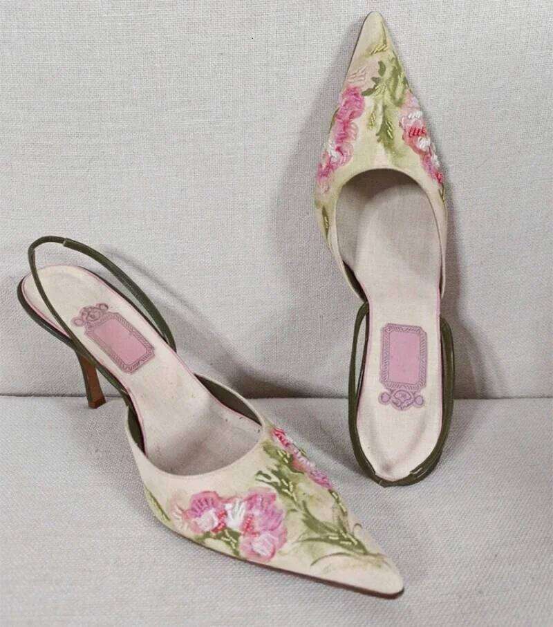Embroidered High Heel Elegant Slingback Sandals Summer 2025 Pointed Toe Pumps Dress Shoes Women Zapatos De Mujer