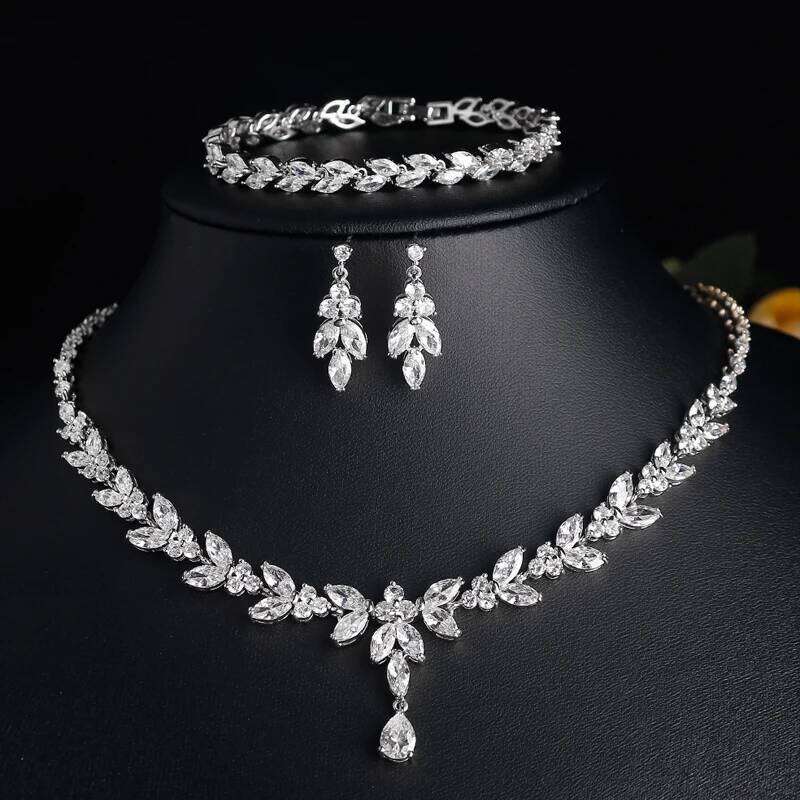 ZAKOL Luxury Brilliant Zirconia Leaf Necklace Earrings Rings Bracelets Set for Women CZ Drop Bridal Wedding Jewelry Sets Z260313
