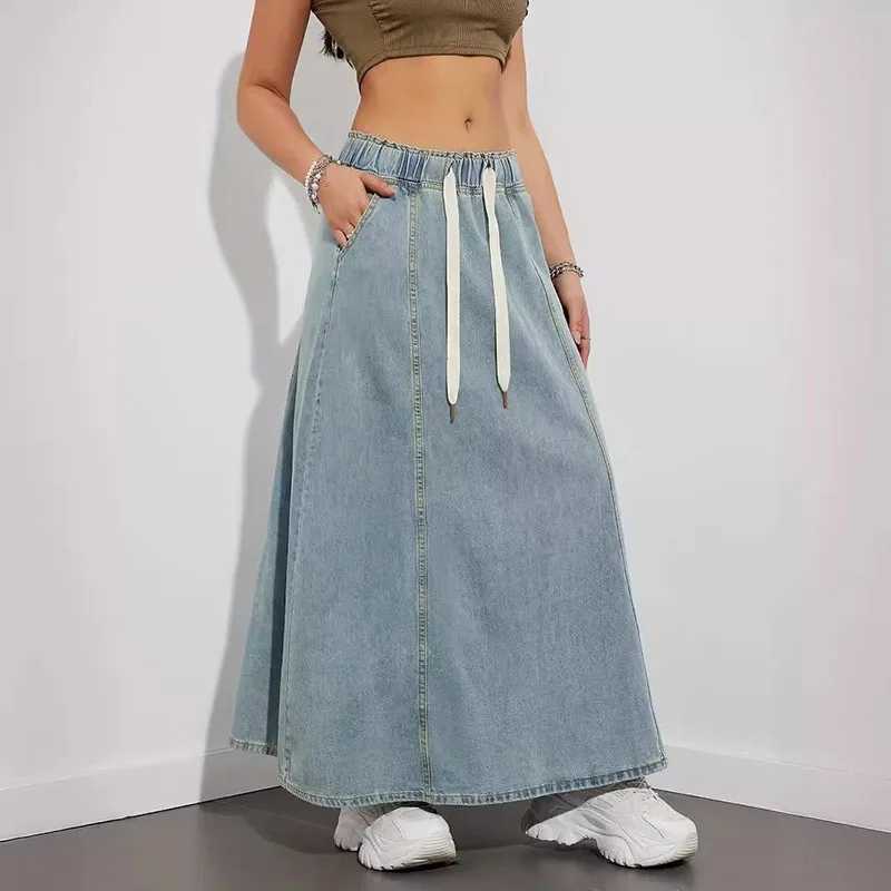 DongCMY Womens Denim Long Skirts Elastic Waist Loose Solid Color High Waist Big Skirt Denim Skirt Women Casual Dress Streetwear M260314
