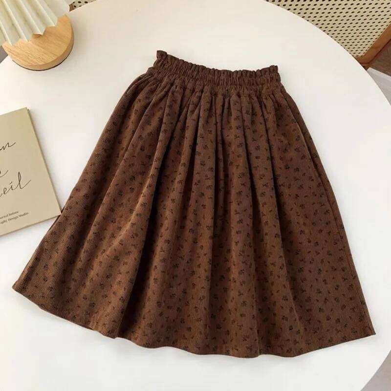 2025 Autumn New Girls' Vintage Floral Peplum Skirt French Bohemian Style Deep Caramel Z260314