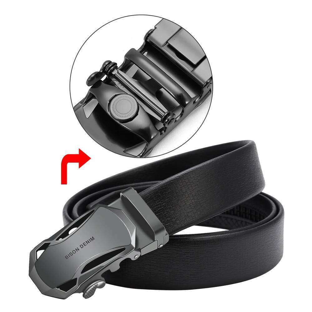 BISON DENIM Men's Automatic Buckle Belt Genuine Leather Male Belts Luxury Brand Business Casual Strap for Jeans 3.4 Width Z260226