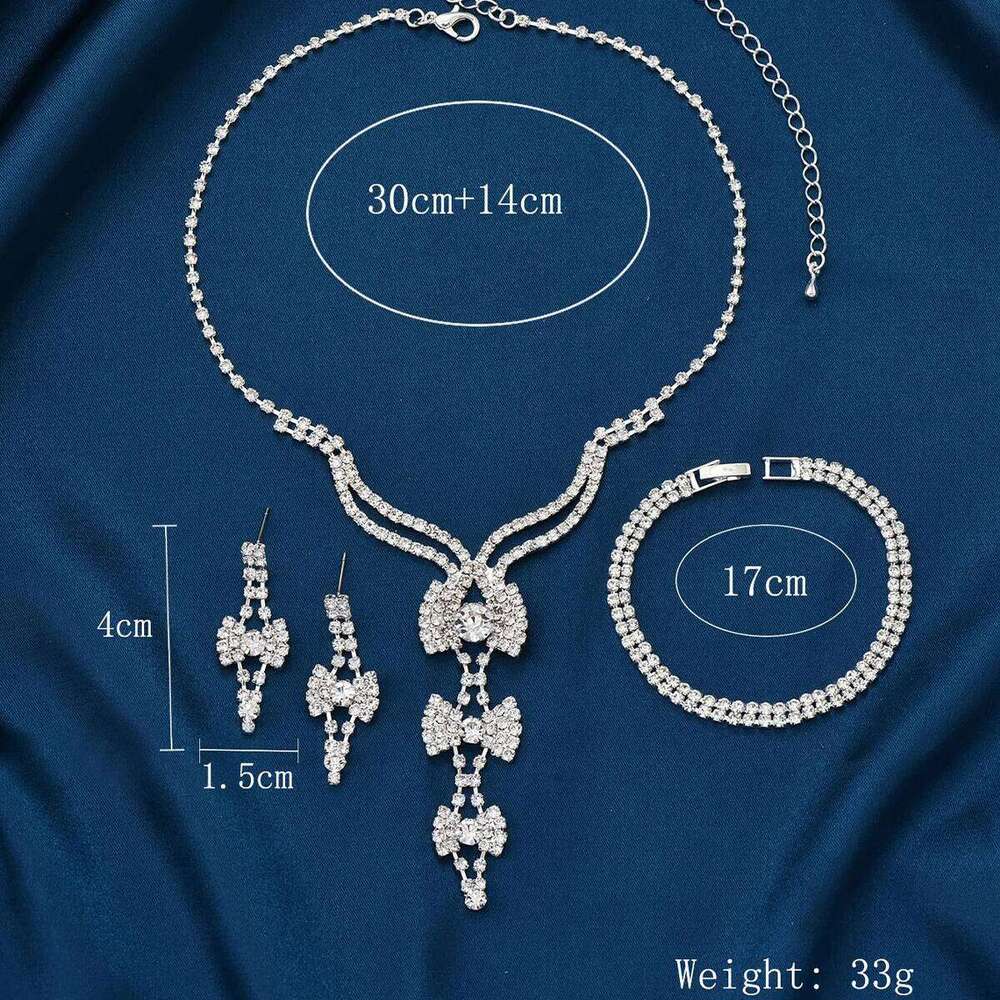 4PC women's fashionable rhinestone bow design necklace earrings bracelet jewelry set suitable for weddings, parties, festivals, Z260313