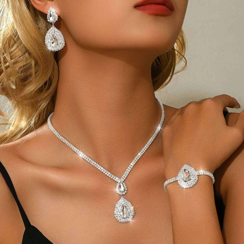 Environmentally friendly, high-quality, stylish new sparkling multi-color necklace, earring, and bracelet three piece set Z260313