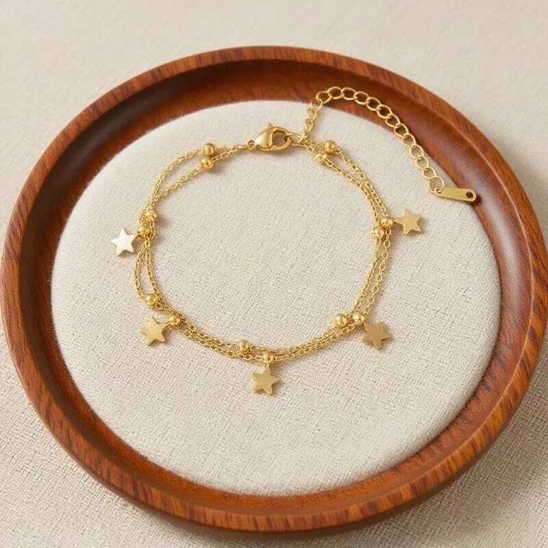 Charm Gold Color Stainless Steel Double-layer Five-pointed Star Round Bead Pendant Bracelet Anklets for Woman Jewelry Accessory Z260313