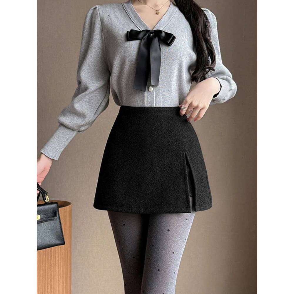 Autumn Winter Gray Thicken Women's Woolen Pencil Skirt High Waist Casual Slim Sexy Split Mini Short Skirts Lady Z260314