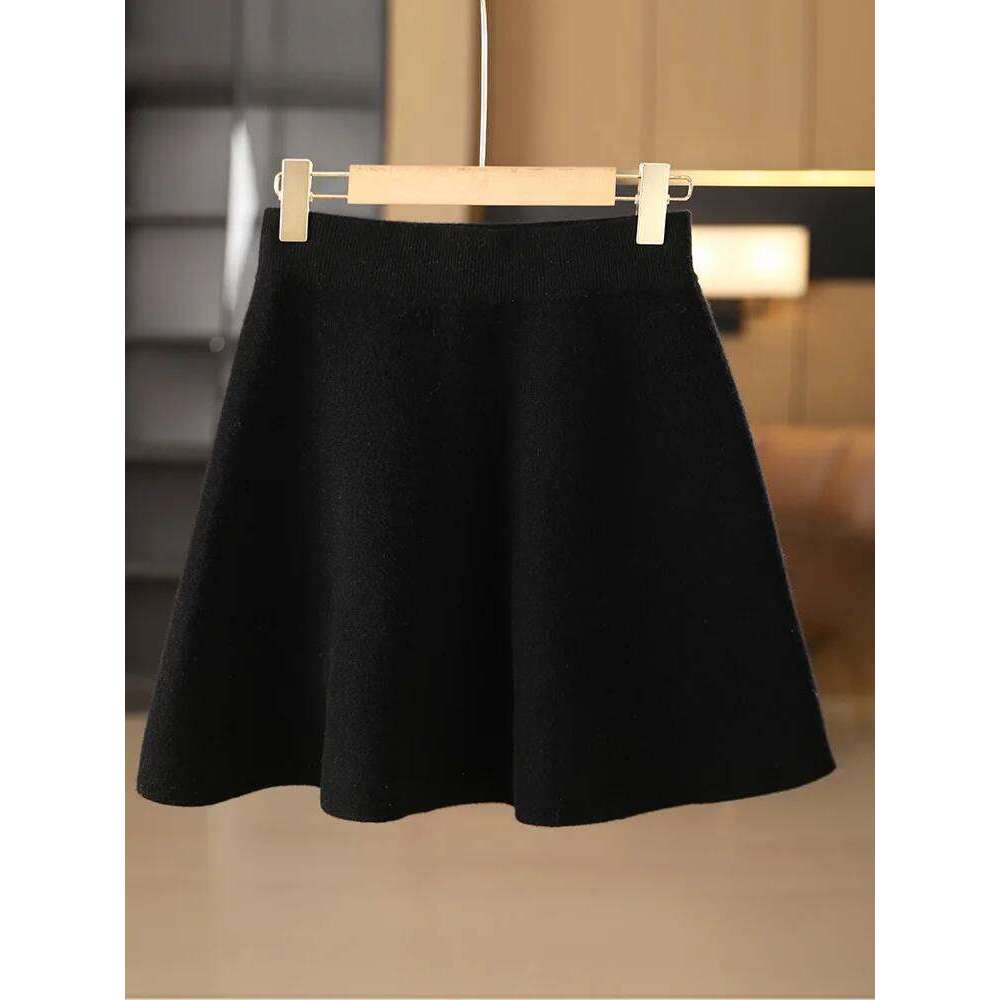 Women's Autumn Winter Elastic Waist Mini A-Line Cashmere Skirt 100% Merino Wool Knitted Above Knee Preppy Style Dress Z260314