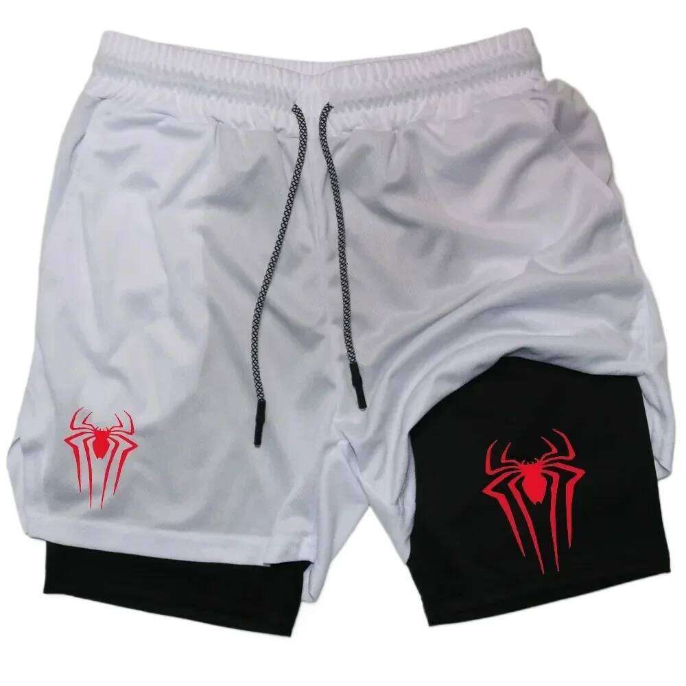 2-in-1 men's spider print casual tight fitness running sports shorts Z260314