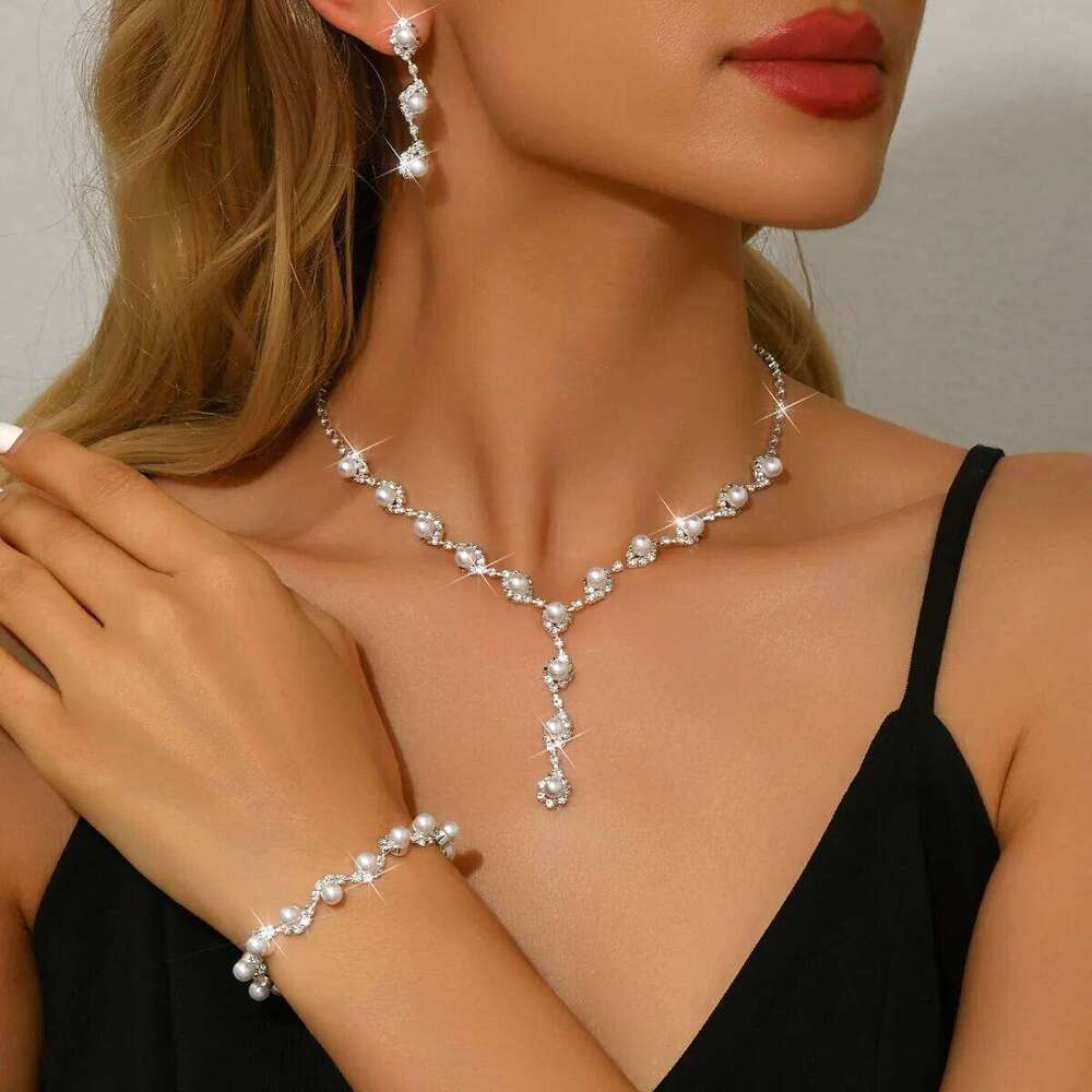 Women Pearl Rhinestone Jewelry Set Necklace Bracelet Earrings Party Prom Evening Fashion Accessories Z260313