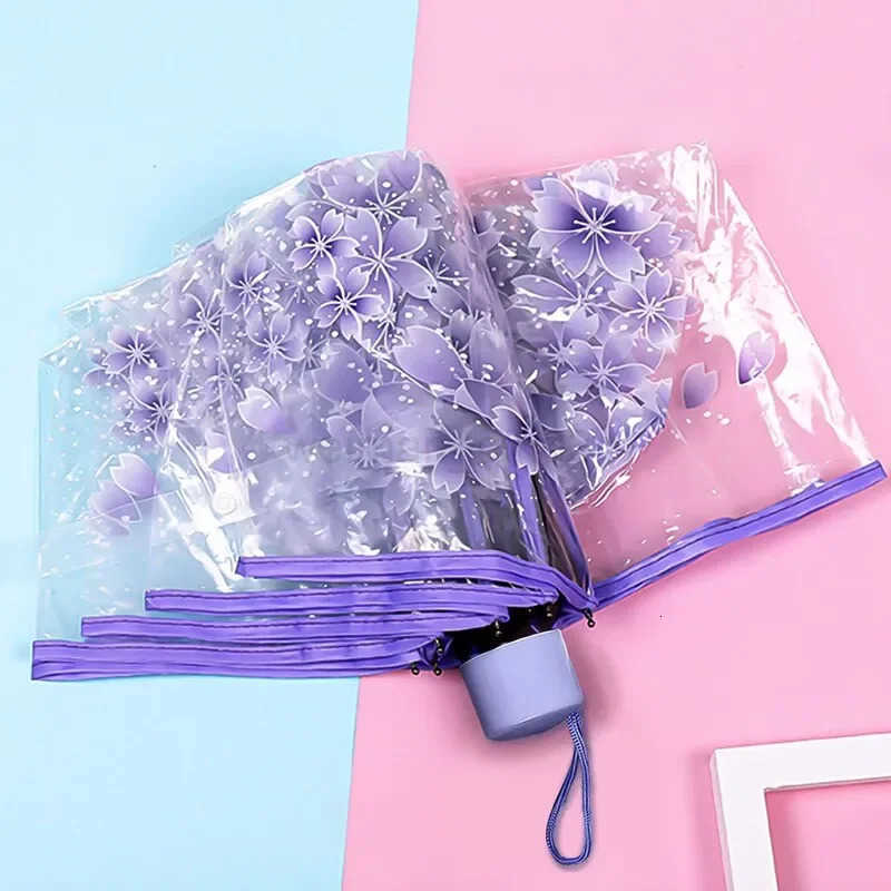 Korean Umbrella Folding Cute Korean Mini Fresh Simple Sen Series Trifold Japanese Cherry Blossom Transparent Umbrella H260314