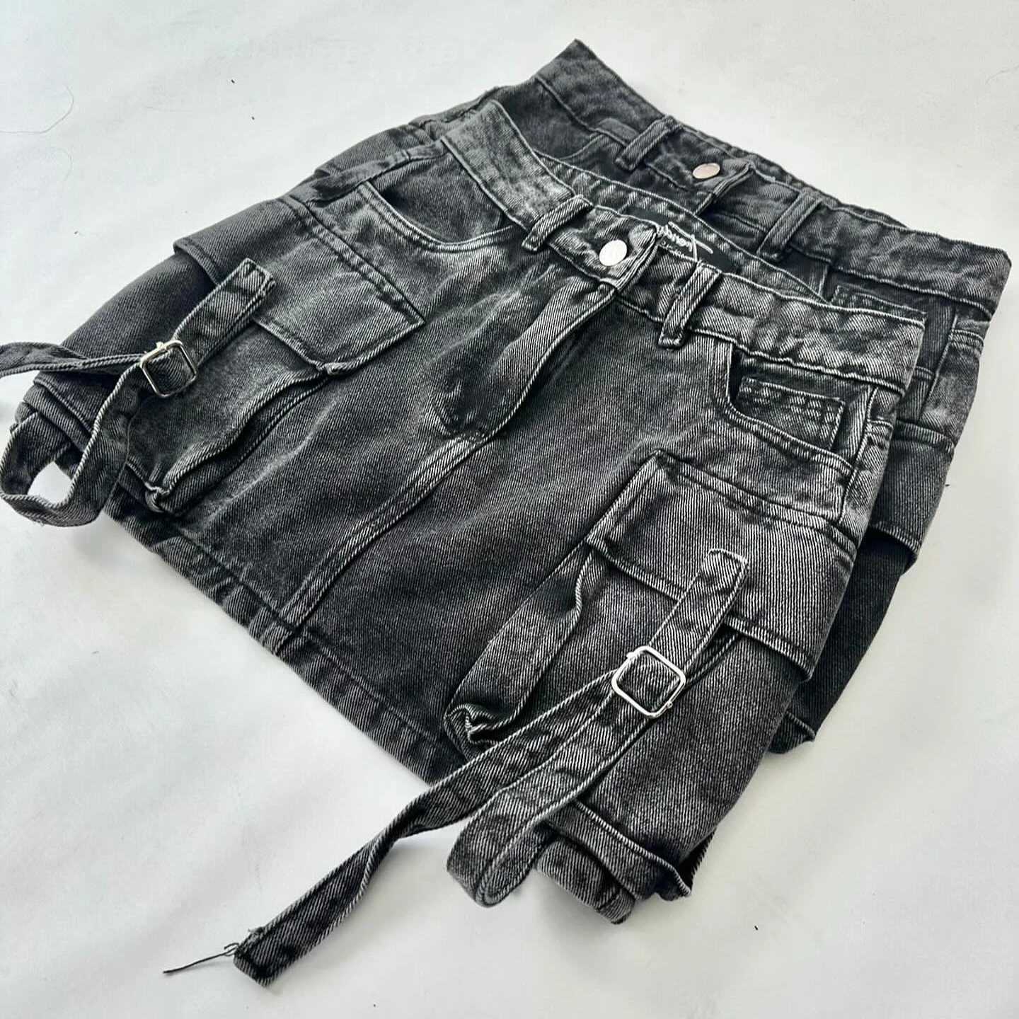 Y2K Harajuku Fashion Multi Pockets Denim Skirt Sexy Hot Casual Mini Skirt Gothic Vintage Black Gray High Waist Mini Skirt M260314