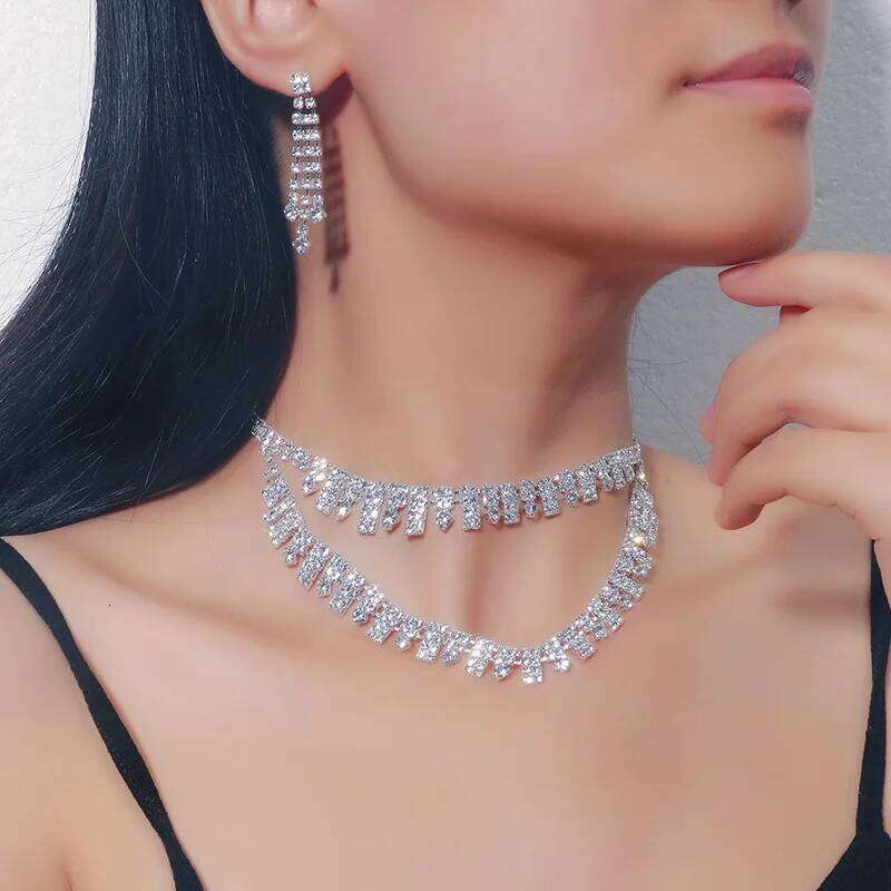 FYUAN Multilayer Geometric Rhinestone Earrings For Women Crystal Necklace Wedding Bride Jewelry Sets Accessories Z260313