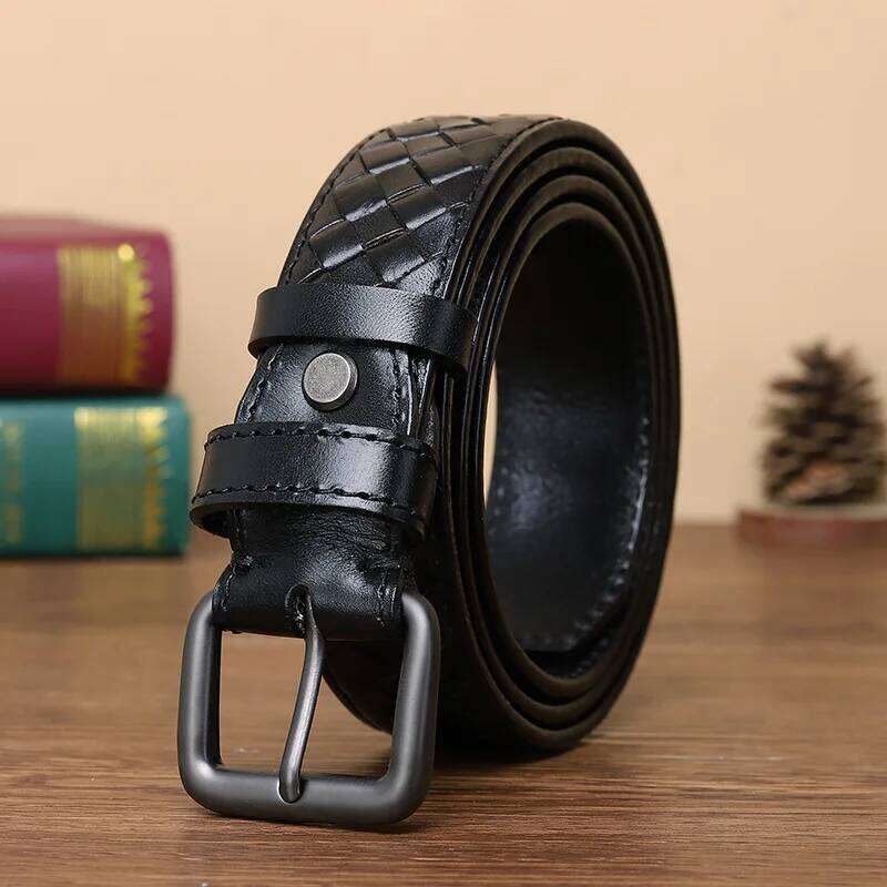3.3cm Men Braided Young Style Top Layer of Cowhide Genuine Leather Needle Alloy Buckle Belt Woven Couple's Versatile Belts Z260226