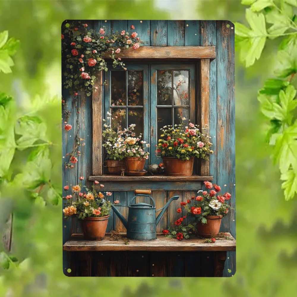 Vintage Farmhouse Window Plant Metal Wall Art Rustic Garden Tin Sign for Patio Balcony or Cafe Decor 8x12 Inch Plaque D260314