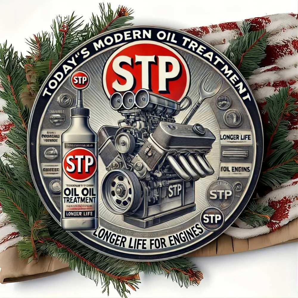 8x8 Inch Round Vintage Gas Station Car Repair Metal Wall Sign Todays STP Design for Garage Home Bar Cafe Outdoor Room Decor D260314