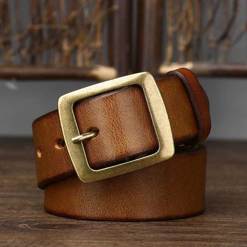 3.8cm Width Thick Retro Cowhide Genuine Leather Belt Men Solid Brass Copper Pin Buckle Belts Male Strap For Jeans Z260226