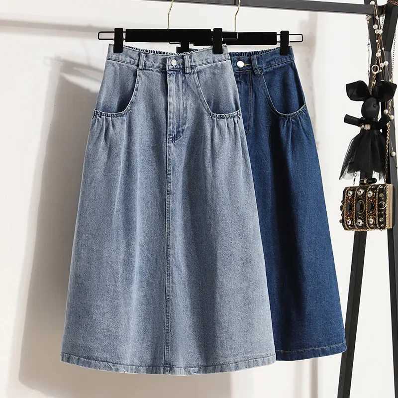 High Waist A- Line Mini Skirt Loose Fit Casual Washed Denim Solid Color Hong Kong Style plus Size Womens Fashion Skirts M260314