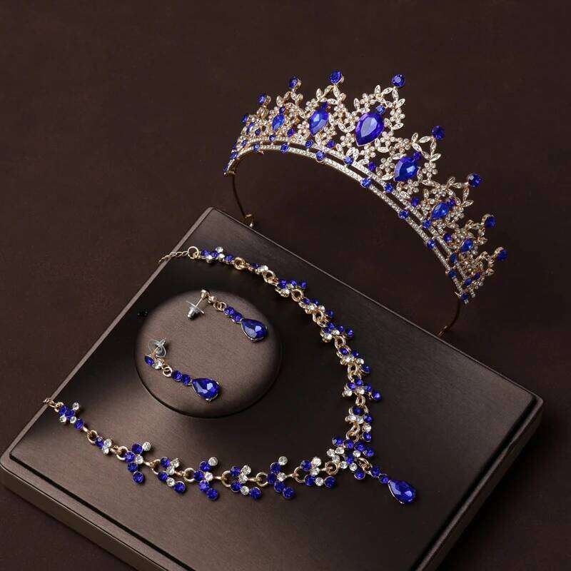 Itacazzo Bridal Headwear Crown Necklace Earrings Four Piece Set of Blue Colour Women's Exquisite Party Tiaras Z260313
