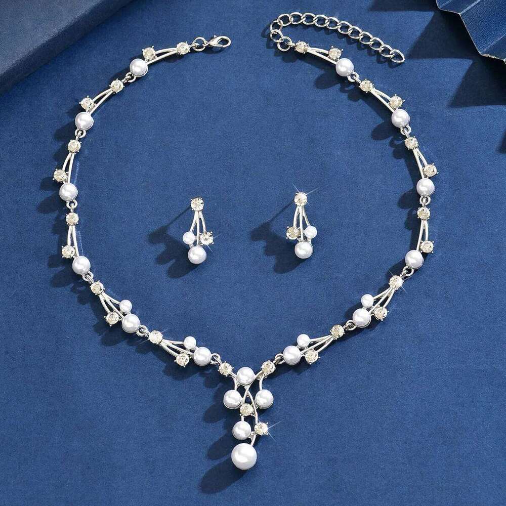 Vintage Pearl & Crystal Choker Necklace Earrings Set Women's Party Bridal Jewelry Gold-Tone Beaded Statement Accessories Z260313
