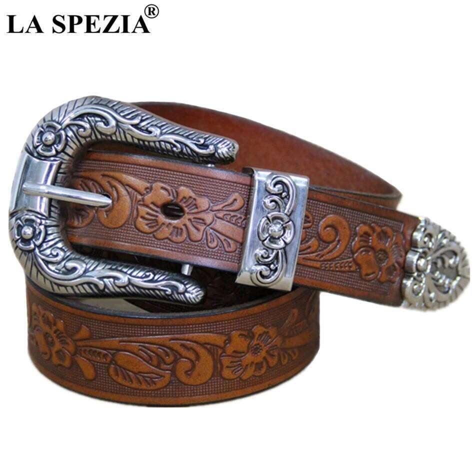 LA SPEZIA Real Men High Quality Camel Pin Male Retro Brand Cowhide Genuine Leather Carving Belt 130cm Z260226