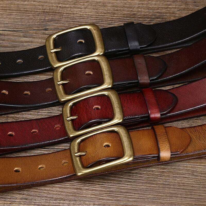 3.3Cm Width Copper Buckle Cowskin Leather Retro Handmade Male Luxury For Jeans Wide Belt Men's Gift Z260226