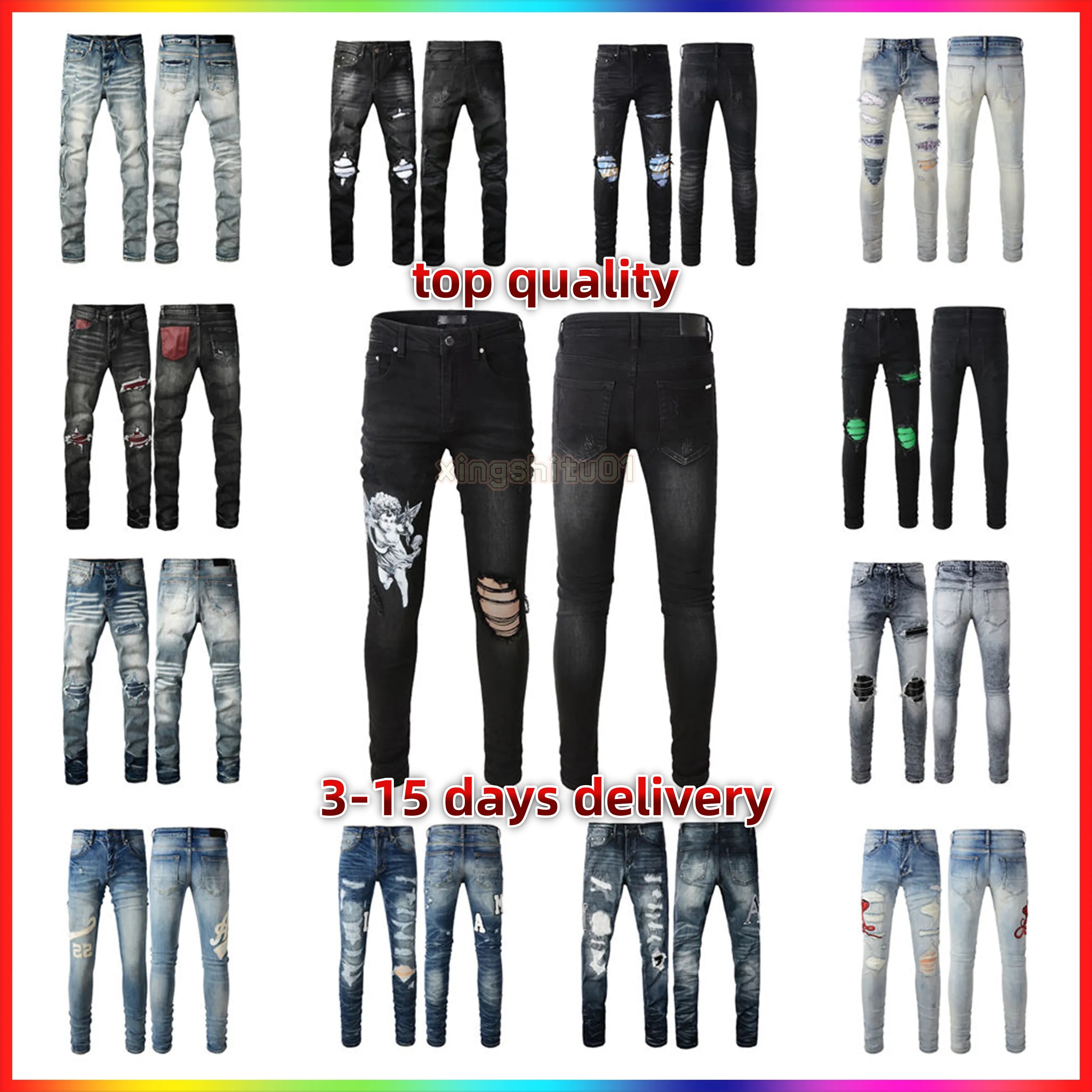 amirijeanss Inspired Men's Vintage Jeans Handmade Distressed Ripped Denim Pants High Quality Cotton Stretchable Streetwear Trousers for Men Women Amirijenas