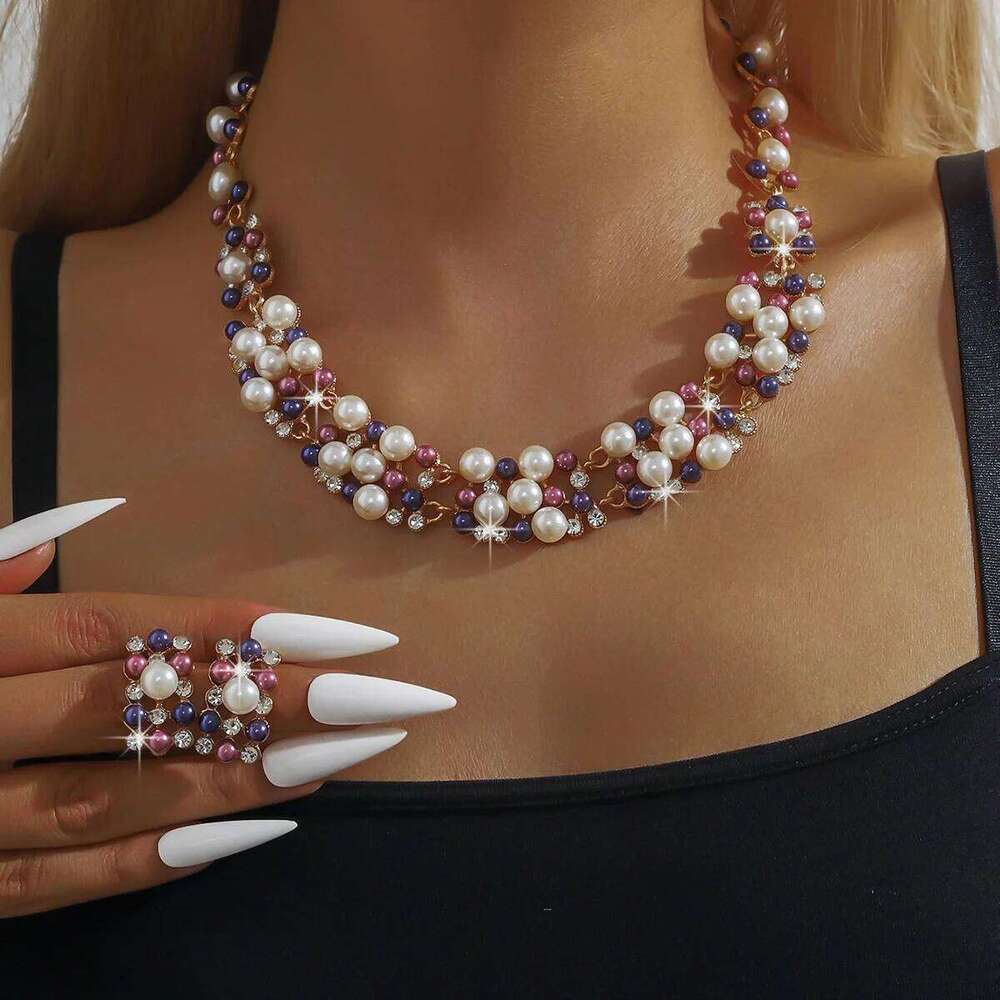 European and American best-selling light luxury heavy industry inlaid pearl necklace earrings two-piece set elegant retro jewelr Z260313