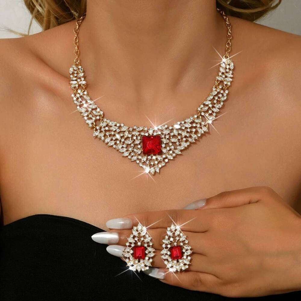 European American retro inlaid crystal necklace earring women's 2-piece set, luxurious jewelry with leaves and flowers Z260313