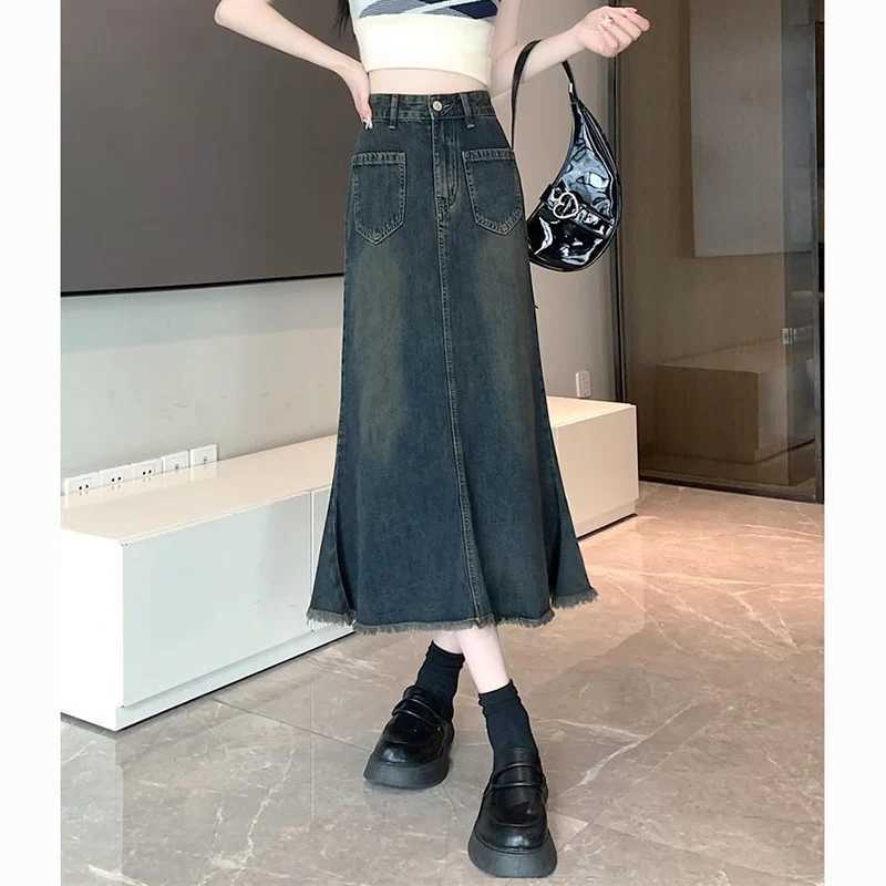 Summer Women High Waist Slim Fit Jeans Skirts s Classic Thin Mid-Long Skirts Lady Chic Korean Raw Edge Denim Dress M260314