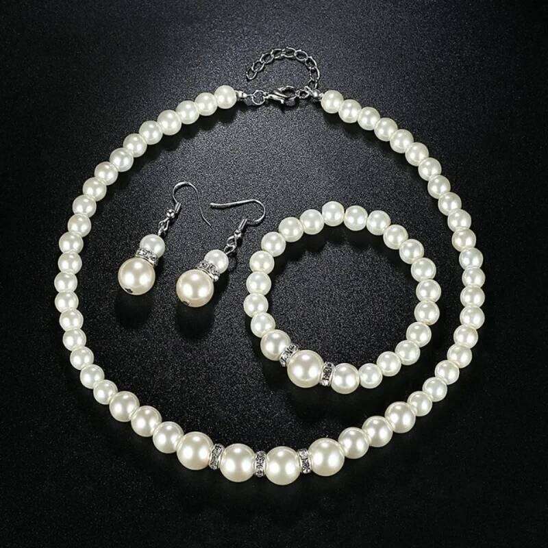 Pearl Crystal Necklace Bracelet Earring 3pcs Classic Trendy Imitation for Women Luxury Wedding Bride Korea Set Jewelry Gifts Z260313